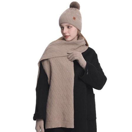 Vintersæt til damer – Strikket hue, halstørklæde & handsker (3 dele)