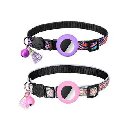 2 ST Pet Katt Halsband med Airtag Hållare Justerbart Katt Halsband Rosa och Lila LGL