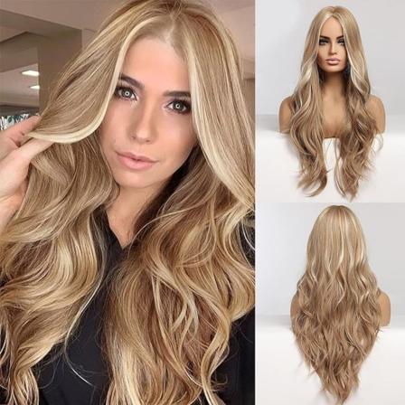 Lång blond peruk för kvinnor - naturligt vågigt hår i mitten - Perfet