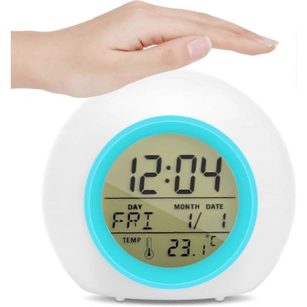 Digitalt Vækkeur Seng Træningsur, Sengelampe Vækkeur med 7 farveskiftende Natlamper og 8 Alarmtoner, Temperatur, Kalender, Musik
