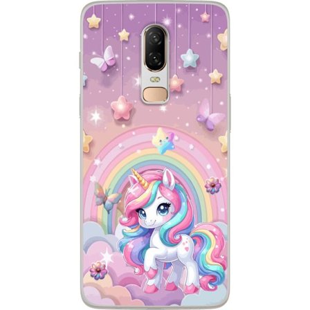 Kompatibelt Mobildeksel til OnePlus 6 Magisk enhjørning med regnbue manke, stjerner og sommerfugler mot en pastellhimmel med skyer