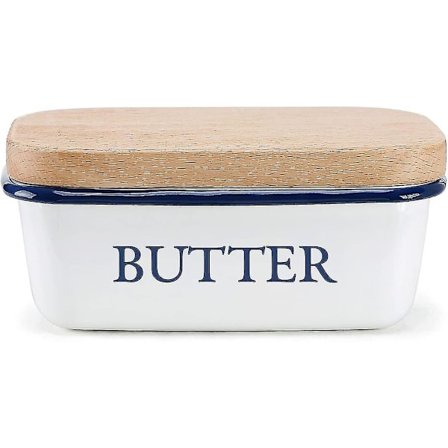 Multifunktionell smörask i emalj med vitt lock