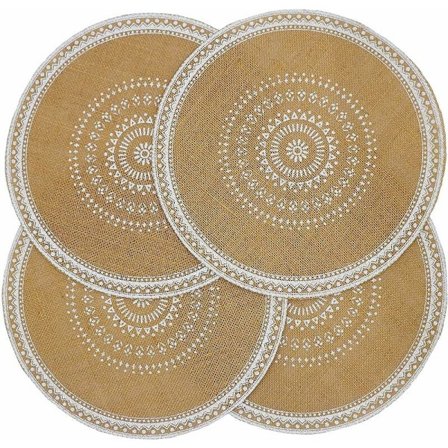 Spisebord Hvit Gull Capasin Burlap Mandala Farmhouse Boho Rund Plasseringsbrikker Sett med 4 Brune Flettet Middagsbordløper Høst Sirkel Løper Kjøkken 
