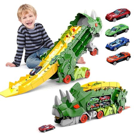 Dinosaur Lastbil Legetøj Til Børn Transformerer Med Racerbane Sæt Ultimate City Dinosaur Transportør Med 4 Biler Fødselsdagsgaver Legetøj