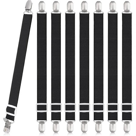 8 st Lakan Clips, Justerbara Lakanhållare, Högelastiska Dra-på-lakan Band med Clips, Lakanfästen Max Stretch 120cm, Lakanhållare Svart