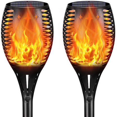 Solcelledrevne landskabsfakler, vandtætte flimrende flammer, udendørs sol