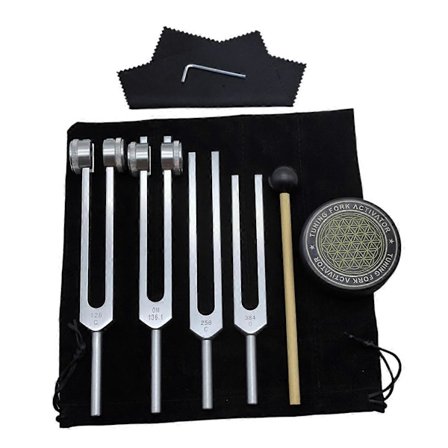 Stämgafflar för Healing Set 128Hz, 136Hz, 256Hz, 384Hz & Hockey Puck-Aktiverare för Healing, Ljudterapi, Håll Kroppen