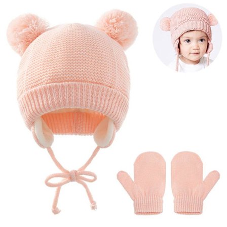 Sæt Baby Hue Sød Bjørn Småbørn Øreklap Hue Varm til Efterår Vinter pink