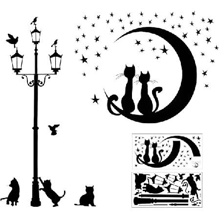 2-delad svart katt väggdekaler set självhäftande för väggdekor, kattstjärna golvlampa väggdekaler väggdekaler självhäftande klistermärken 