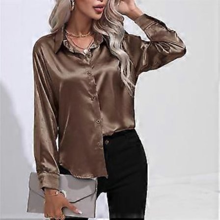 Forår Efterår Satin Bluse Imitation Silke Langærmet Skjorte til Dame Plus Size Løse Toppe (L mørk khaki)