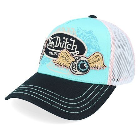 Von Dutch - Blå trucker Caps - Multi Patches White/Turqouise/Black A-Frame Trucker @ Hatstore