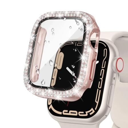 Glas+Diamond Cover För Apple Watch case 40mm 44mm 41mm 45mm 38mm 42mm Bling Bumper Protector iWatch series 9 3 5 6 7 8 se case rose pink 41mm series 7