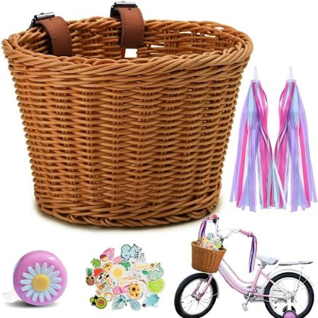 Barncykelkorg fram, flätad cykelkorg för barn, cykelkorgset, avtagbar rotting med läderrem, klockklistermärken, tofsar