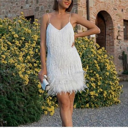 Sexy dusk Paljett Fjær Mini Kjole Kvinner Spaghettistropp Søm Kjoler Kvinnelig Elegant Kveldsfest Klubbkjole