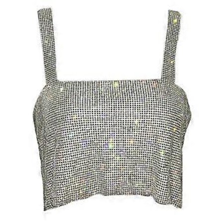 Dame Sexy Off Shoulder Crop Tank Topp Skinnende Rhinestone Metall Diamant Vest Ryggløs Dansefest Smykker Clubwear Sølv (Sølv)