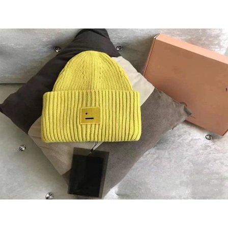 Smiley Uldhue til Par, Firkantet Rullet Højkvalitets Vinterhue, Gul, Varm Blød Strikning, Mode Unisex Hue til Koldt Vejr