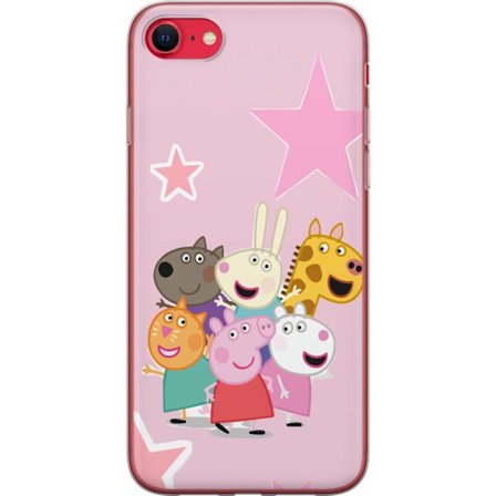 Kompatibelt Mobildeksel til Apple iPhone SE (2020) Peppa Gris og venner samlet med stjerner på rosa bakgrunn, fargerik barneillustrasjon