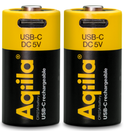 Aqiila USB-C Rechargeable Battery, Size CR123A, 750 mAh, 3V (2-pack)