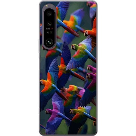 Kompatibel Mobilcover til Sony Xperia 1 IV Farverige papegøjer i flugt mod en mørk baggrund