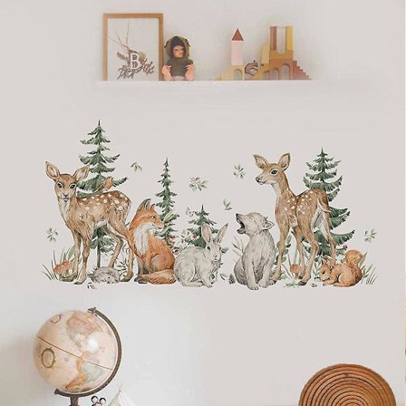 Dww-Fox älg djur tall och cypress barnkammare ytterdörr inredning väggklistermärken