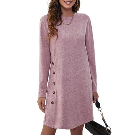 Høstkjoler For Dame Knapp Side Rundhals Tunika Kjole Swing