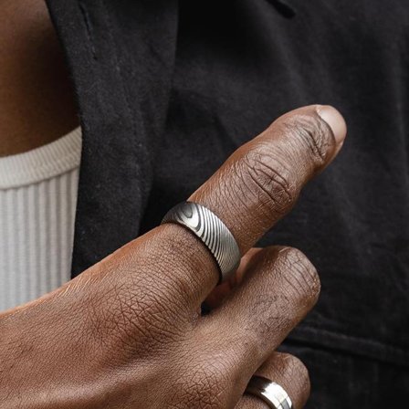 Fortis | 7 mm Gunmetal Damascus Steel and Blue Titanium Ring for Men - Steel rings