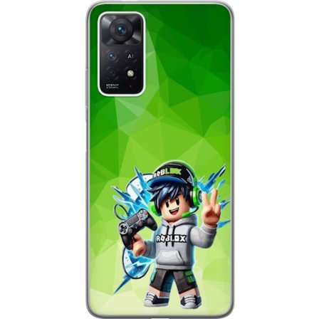 Yhteensopiva Puhelinkuori Xiaomi Redmi Note 11 Pro Roblox-inspiroitu pelaajahahmo, jossa on kuulokkeet, ohjain ja energiset efektit vihreää taustaa