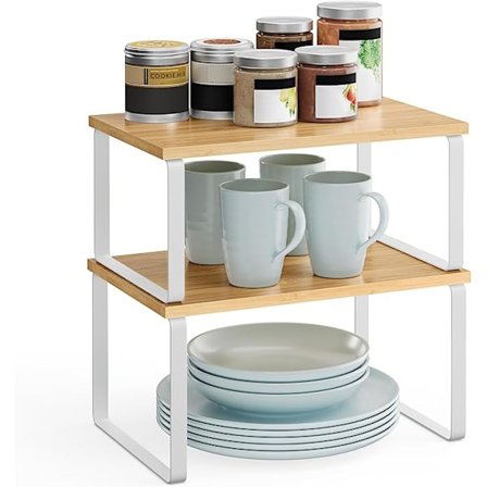 Kryddhylla, uppsättning av 2, kökshylla, köksinredning, utbyggbar, kryddhållare, stapelbar, tillverkad av metall och bambu,