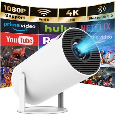 2025 Seneste Model Mini Projektor med WIFI 6 og Bluetooth, Opgraderet Stil HY300PRO 4K 1080P Support Bærbar Projektor, Indbygget App, Andr