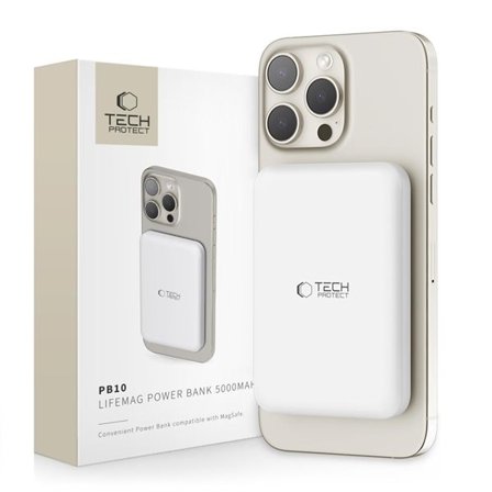 Tech-Protect LifeMag PB10 Powerbank med MagSafe 5000mAh 15W USB-C-port - vit + USB-C-kabel
