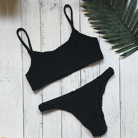 Dam brasiliansk skrynklig bikini tankini baddräkt sommar strand badkläder Black L
