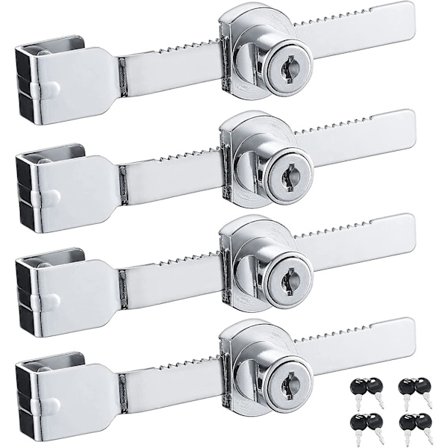 Sæt med 4 skydedørslåse i glas, skuffe, udstillingsmontre, glasskab med kromfinish, ensnøglede