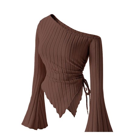 Langærmet damebluse med bare skuldre og asymmetrisk top