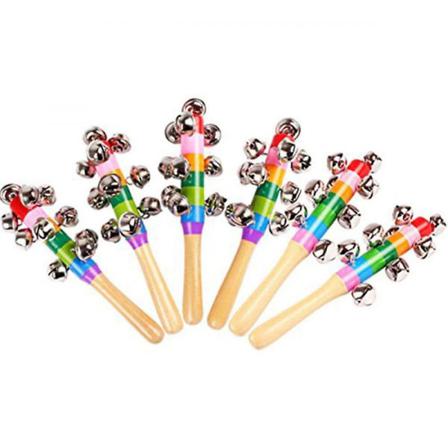 Vivid Color Rainbow Handtag Wooden Bells Jingle Stick Rattle