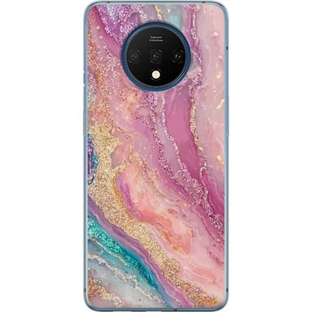 Yhteensopiva Puhelinkuori OnePlus 7T Abstrakti marmorikuviointi vaaleanpunaisissa, violetin, beigeissä ja turkooseissa sävyissä kristallimaisella rake