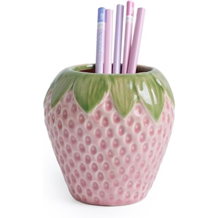 Jordbær Blyantholder, Keramisk Penholder, Sød Penholder til Skrivebord, Stand Makeupbørsteholder til Skole, Hjem, Kontor (Pink)