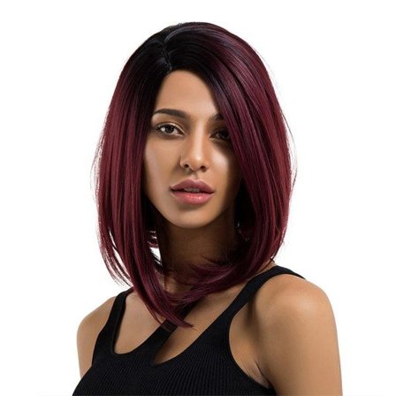 Kvinde Syntetisk Kort Ombre Sort Vinrød Farve Bob Paryk Glat Mode Casual