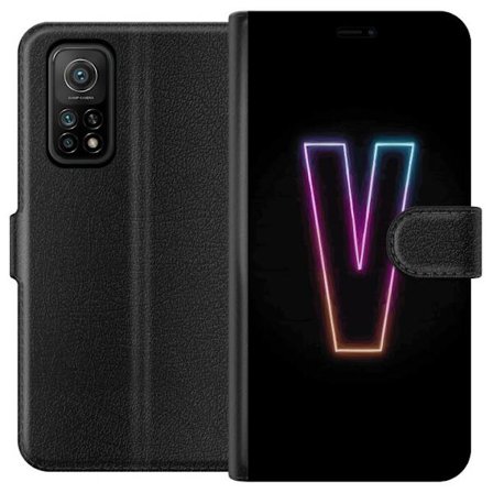 Kompatibel Tegnebogsetui til Xiaomi Xiaomi Mi 10T Pro 5G Neonbogstav V i farvegradueret lys mod sort baggrund, minimalistisk design med tydelig glød