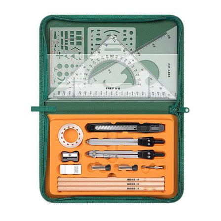 Ergonomisk passare med geometriska ritmallar, linjalset, kvadrater, penna