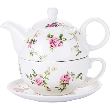 Posliininen teekannu yhdelle, kukallinen teekannu- ja kuppisetti, rottinkikukat