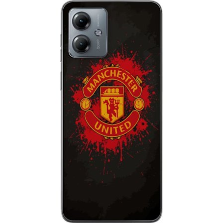 Kompatibelt Mobildeksel til Motorola Motorola Moto G14 Manchester United logo i rød og gul farge med røff sportslig bakgrunn