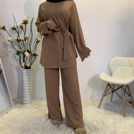 Eid Mubarak Kaftan Dubai Abaya Turkiet Muslimsk mode Hijab Klänning Sets Islam Kläder Abayas För Kvinnor Musulman Ensembles De Mode Brown Set XXL