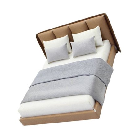 Miniature dobbeltseng i cremefarvet stil med sengetøj, soveværelsesmøbler, realistisk detaljeringsdesign til 1/20 dukkehuse, flerfarvet