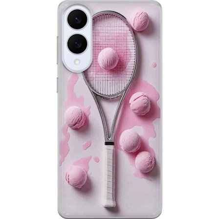 Kompatibel Mobilcover til Samsung Samsung Galaxy S25 Edge Rosa glaskugler og tennisketsjer i et kreativt stillbillede med legende popfølelse og moder