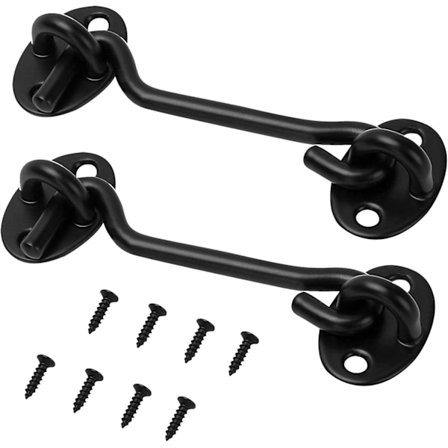 Sæt med 2 stormkroge, rustfrit stål med øjer, til døre, garager, vinduer, hytter (100mm, sort)