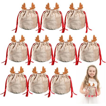 10 Stykker Jule Velvet Snørepose, Søde Gevir Snøre Juleposer Godtepose, Genanvendelige Julegaveposer Godteposer