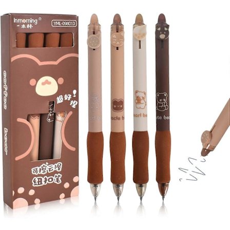 4 stk. 0,5 mm viskelæder gelpen, rullekuglepenne med gummi i enden, indtrækkelige gelblækpenne sød kuglepen