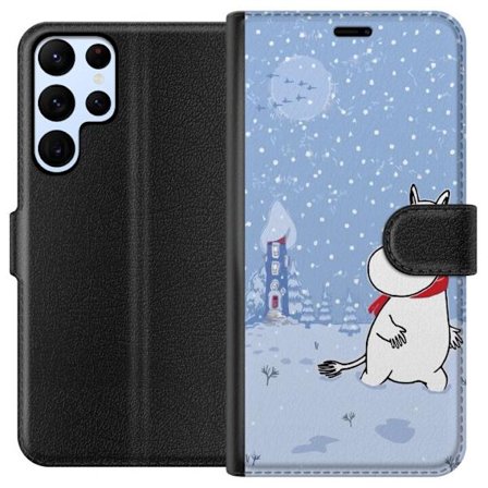 Samsung Galaxy S22 Ultra 5G Tegnebogsetui Står i et stille vinterlandskab med snefald, blå toner og måne, hvor den rolige stemning skaber en blød