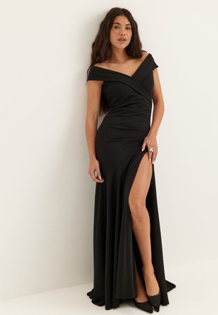 Goddiva - Bardot Pleat Maxi With Split - Black