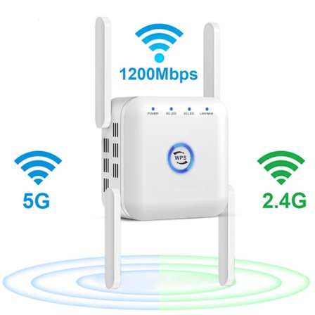 wifi-förlängare, Trådlös wifi-signal förstärkare 1200MMbps, Dual-band Wi-Fi booster (Vit)